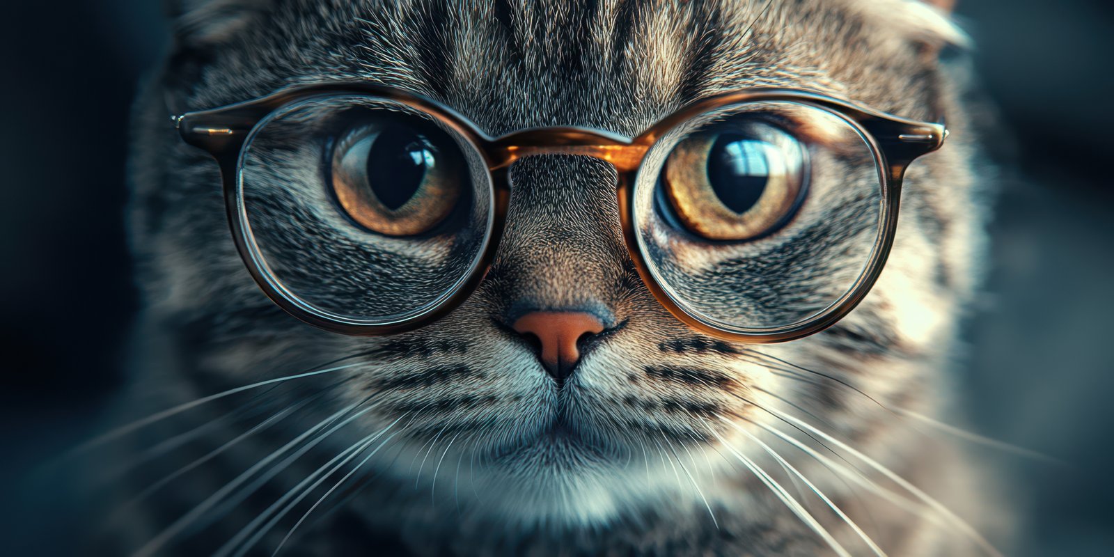 Cat wearing glasses looks intelligent and curious in a cozy indoor setting with soft lighting